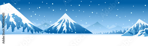 Panorama vector illustration of scenic blue winter landscape with snowy mountains.