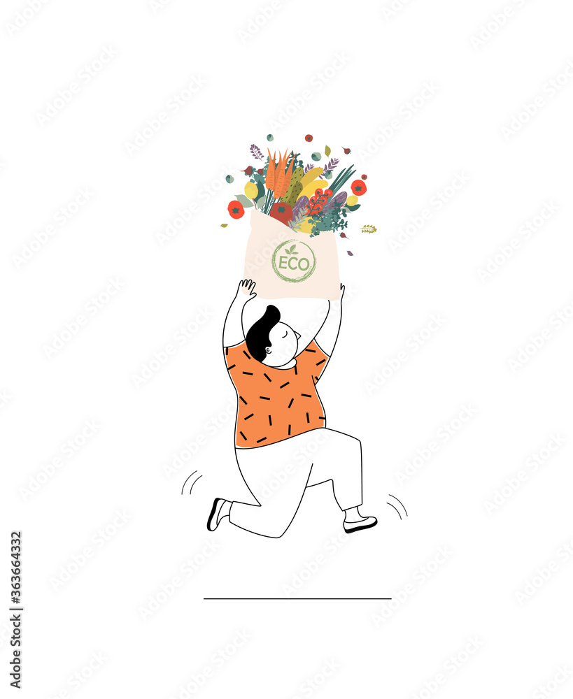 Obraz premium Cute man runs with a craft paper eco bag with vegetables in her hands.Caring for the environment.Vector illustration.