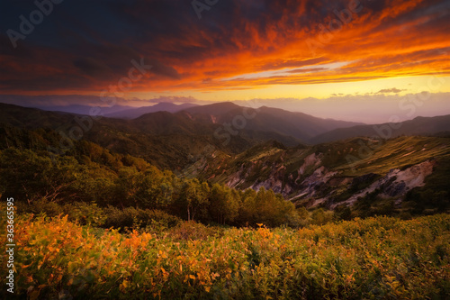 Landscape view of mount Shigakogen in Japan at sunset dramatic sky © structuresxx