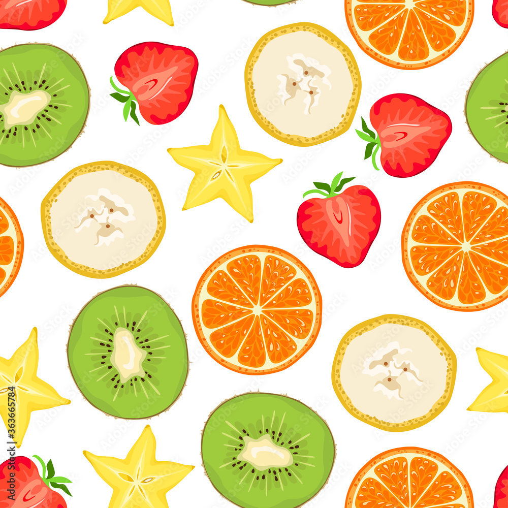 Tropical fruits seamless pattern. Slices of orange, banana, kiwi, strawberries and carambola on a white background. Vector illustration in cartoon flat style. Tropical fruits seamless pattern. Slices of orange, banana, kiwi, strawberries and carambola on a white background. Vector illustration in cartoon flat style.