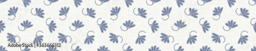
Seamless tossed floral border pattern. French blue linen shabby chic style. Hand drawn country bloom banner. Rustic woven background. Kitchen towel home decor swatch. Simple flower ribbon trim edge.
