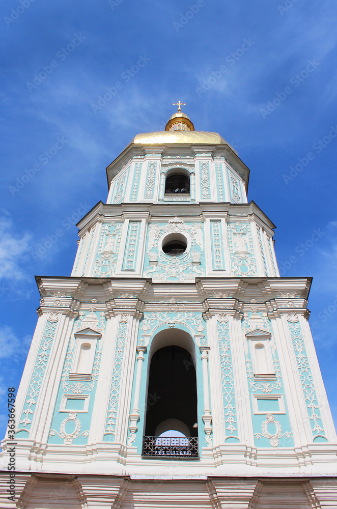 View of Saint Sophia Cathedral Bell tower in Kiev, Ukraine. Eastern Orthodox Cathedral, built in the first half of the 11th century, it was rebuilt in XVII-XVIII century. UNESCO World Heritage Site