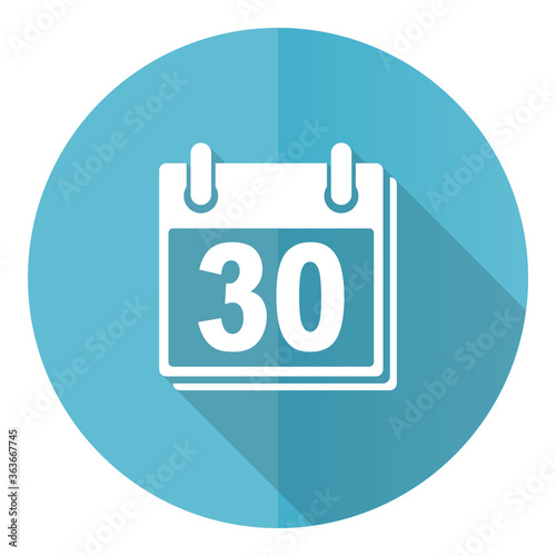 Calendar vector icon, flat design blue round web button isolated on white background