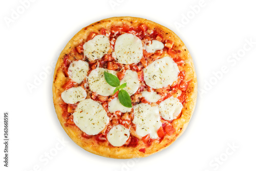 Pizza Margarita with tomatoes, tomato sauce and Mozzarella cheese on a white isolated background