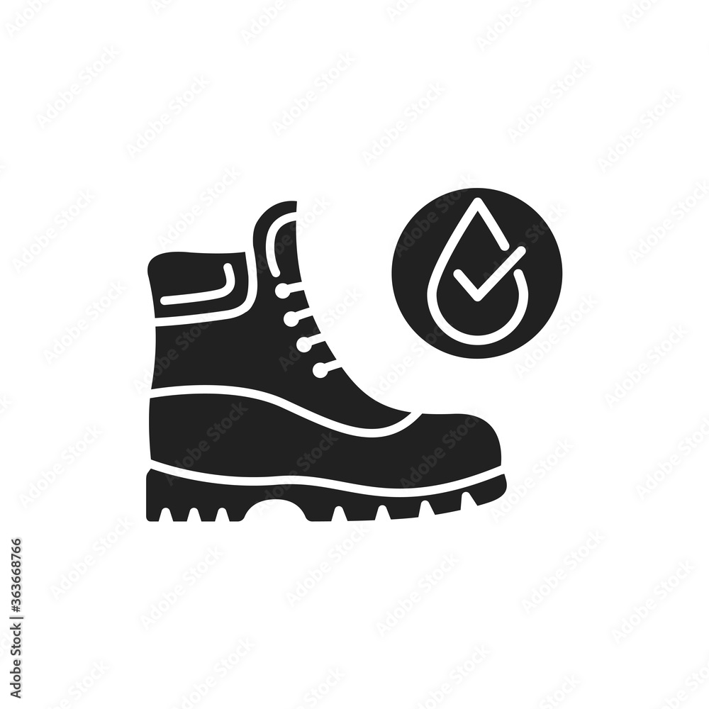Waterproof shoes black glyph icon. Water repellent footwear concept. Pictogram for web page, mobile app, promo. UI UX GUI design element. Waterproof shoes black glyph icon. Water repellent footwear concept. Pictogram for web page, mobile app, promo. UI UX GUI design element.