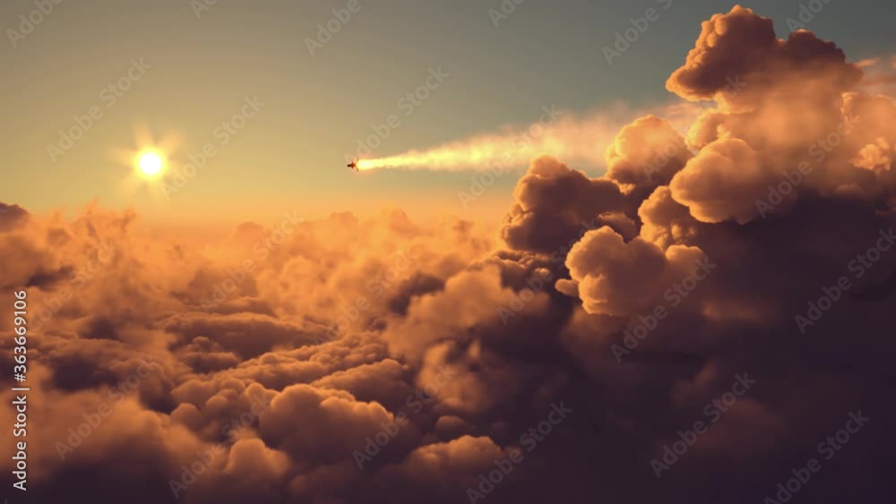 Missile fly above the clouds at sunset