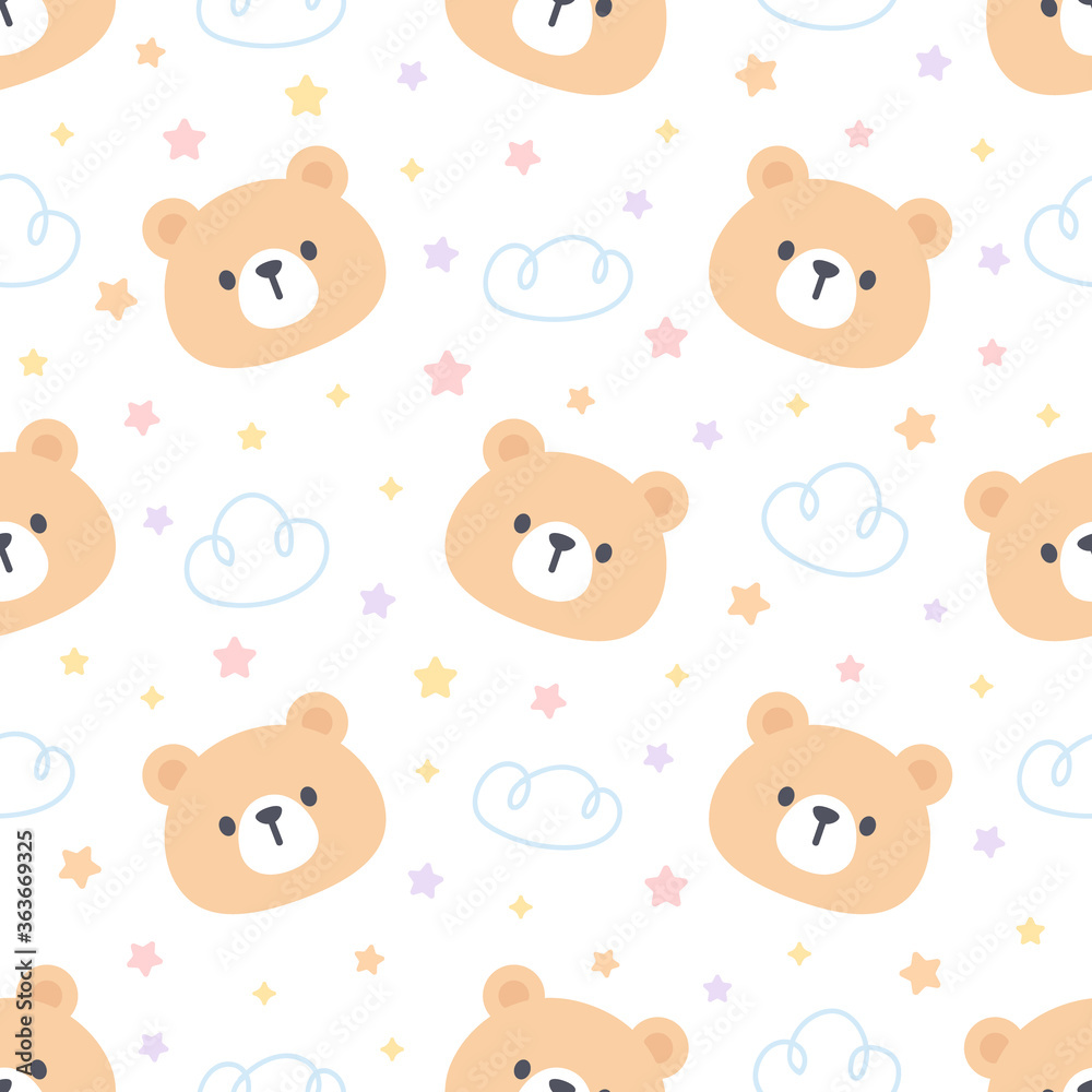 Cute bear with cloud and stars seamless pattern background