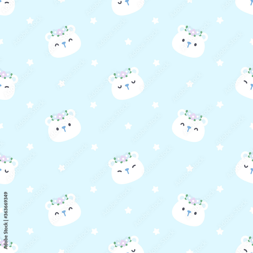 Cute bear with flower crown seamless pattern background