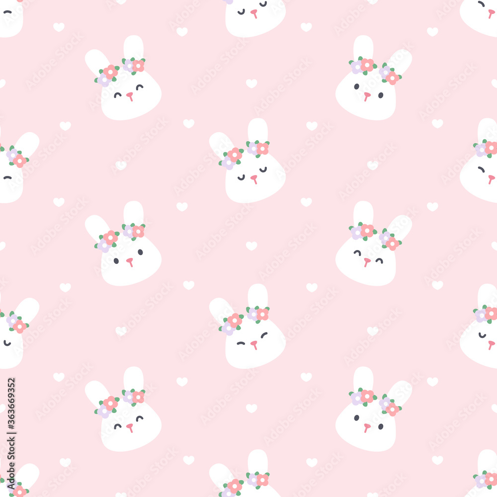 Cute bunny with flower crown seamless pattern background