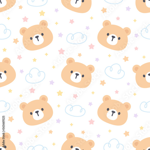 Cute bear with cloud and stars seamless pattern background