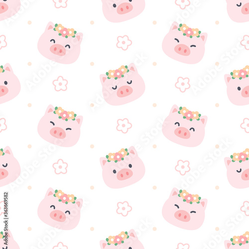 Cute pig with flower crown seamless pattern background