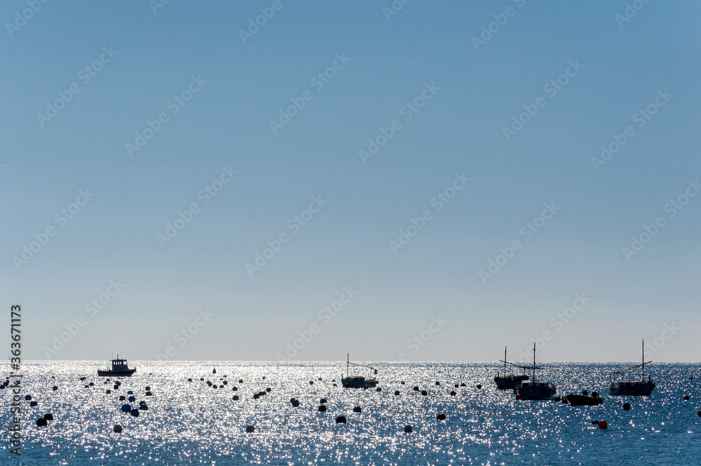 marine scene with intense shine of the sun in the water and several boats in backlight