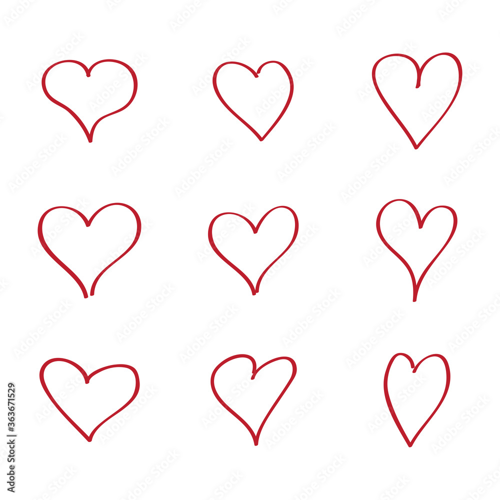 Red heart contour vector. Hand drawn love icon isolated. Paint brush stroke heart icon. Hand drawn vector for love logo, heart symbol, doodle icon and Valentine's day. Painted grunge vector shape