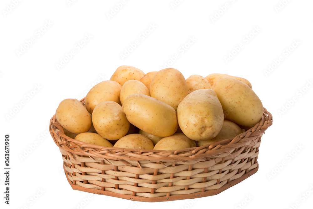 potatoes in wicker basket on isolated white background potatoes in wicker basket on isolated white background
