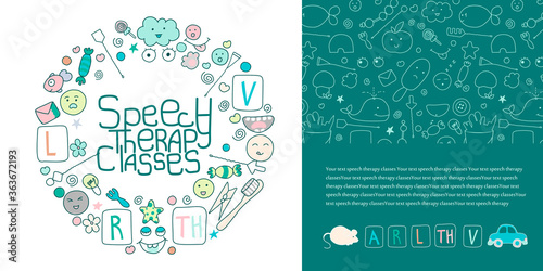 Concept site speech therapy. School speech development. Cute childrens drawings icons in kavai style on the topic of speech therapy. Friendly speech and articulation classes