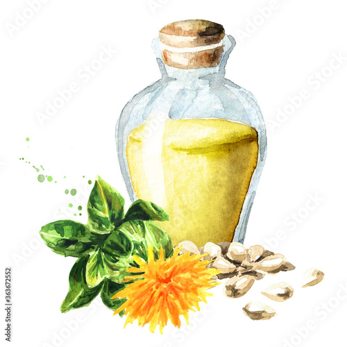 Canvas-taulu Safflower's flower, seeds and bottle of oil