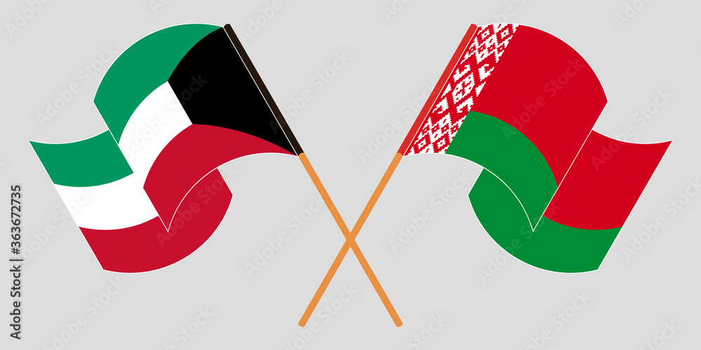 Crossed and waving flags of Belarus and Kuwait Crossed and waving flags of Belarus and Kuwait