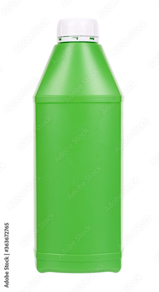 Green plastic container with engine oil. Anti fungus detergent for bacthroom. Isolated on white background. Green plastic container with engine oil. Anti fungus detergent for bacthroom. Isolated on white background.