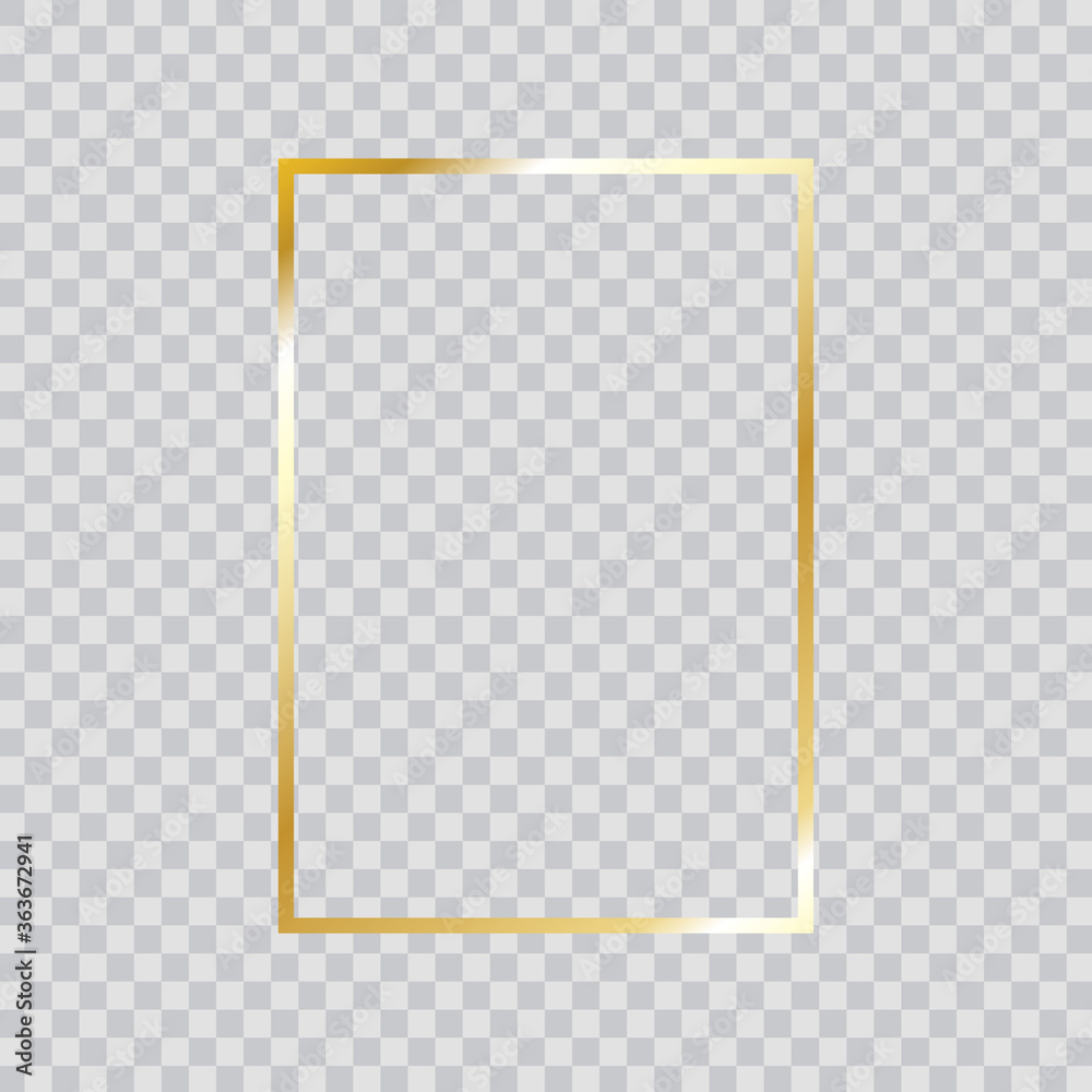 Fototapeta Gold frame vector. Trendy rectangle border. Gold frame isolated on transparent background. Useful for app, banner, party invitation card or happy birthday. Creative art concept, vector illustration