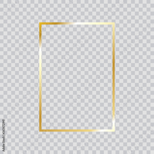 Gold frame vector. Trendy rectangle border. Gold frame isolated on transparent background. Useful for app, banner, party invitation card or happy birthday. Creative art concept, vector illustration