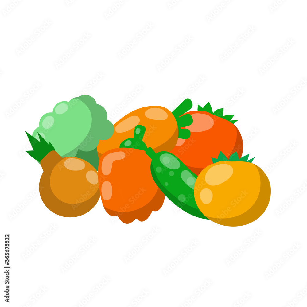 Set of vegetables. Harvest. Red, orange and green object. Cartoon flat illustration. Fresh natural village products. Tomato and pepper, onion with cucumber, broccoli, carrot Set of vegetables. Harvest. Red, orange and green object. Cartoon flat illustration. Fresh natural village products. Tomato and pepper, onion with cucumber, broccoli, carrot