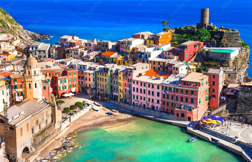 Italy travel and landmarks - beautiful Vernazza traditional fishing village in Liguria coast. Famous 