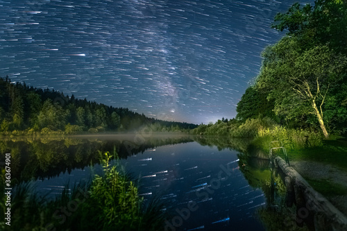 Comet modus - Stars flying over a beautiful lake with refections of the star clear night. Impressive nature scenery photo