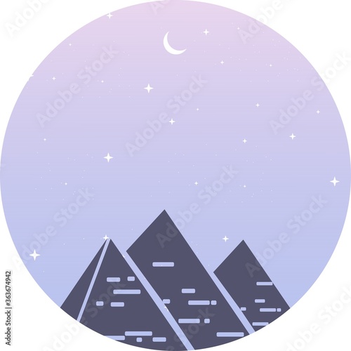 Egypt desert background illustration with moon  pyramids and stars in the sky. Blue and purple vector template landscape of Egypt famous landmarks. Background theme and wallpaper.