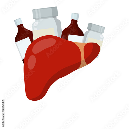 Liver and packaging of medications. Treatment of Internal organ of person. Bottle with pills and drug. Health and pharmacy. Cartoon flat illustration. Prevention of cirrhosis and hepatitis