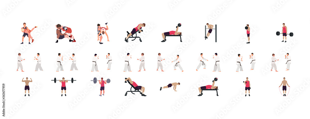 Man workout illustration set, gym, karate, wrestling illustration set
