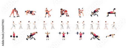 Man workout illustration set, gym, karate, wrestling illustration set