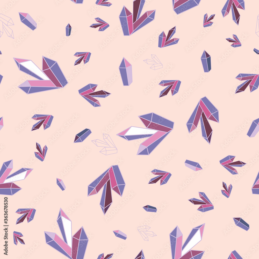 Amethyst crystals seamless vector pattern. February birthstone surface print design. For fabrics, textiles, stationery, gift wrap, scrapbook, and packaging.