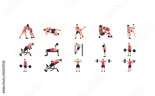 Man workout illustration set  gym  karate  wrestling illustration set