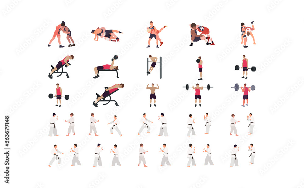 Man workout illustration set, gym, karate, wrestling illustration set