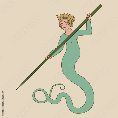 Medieval warrior mermaid. Heraldic creature. Snake lady. Siren or Lamia. Melusina or Melusine fay.