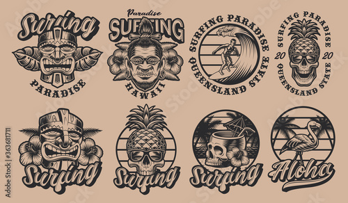Black and white set Hawaii surfing illustrations on a light background. These vectors are perfect for logos, shirt prints, and many other uses as well.