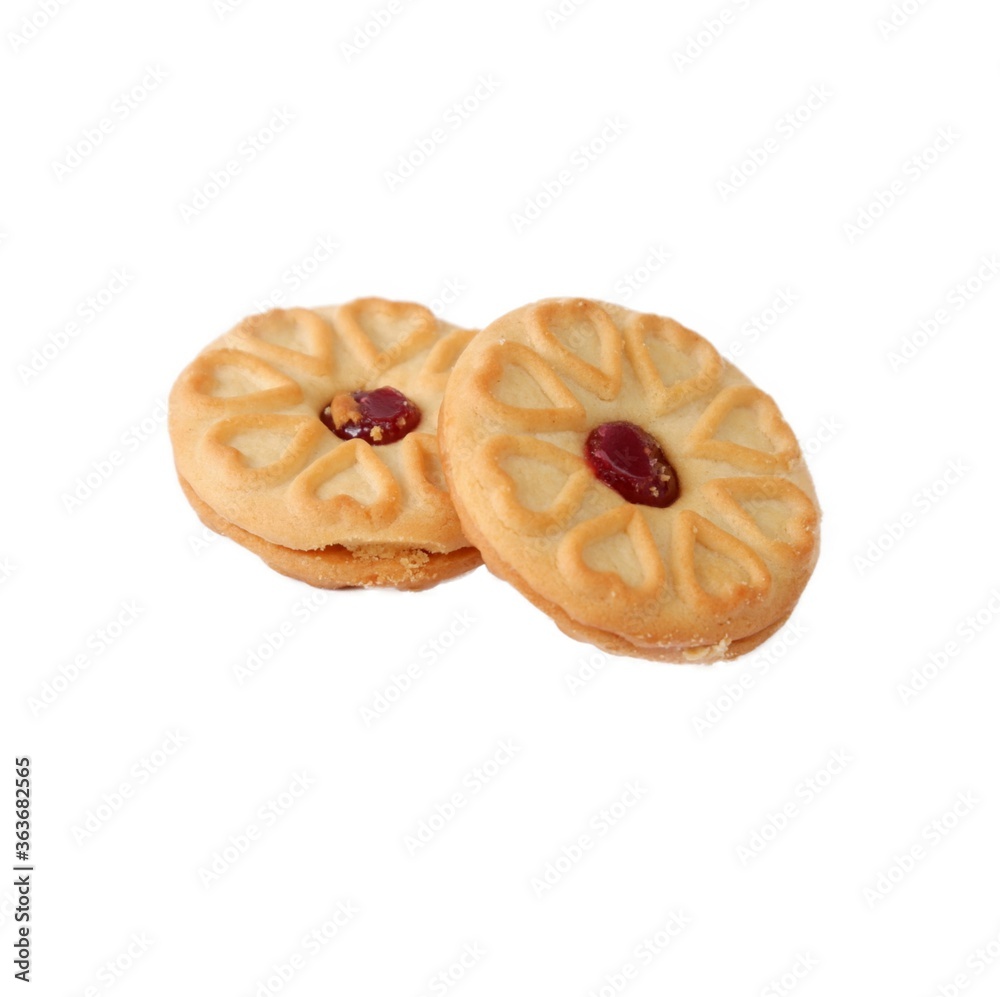 Biscuits filled with strawberry jam, isolated on a white background