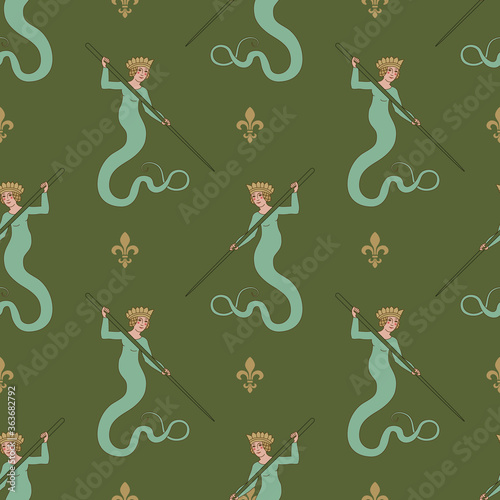 Seamless geometrical pattern with fantastic mermaids or snake women and fler-de-lis symbols.