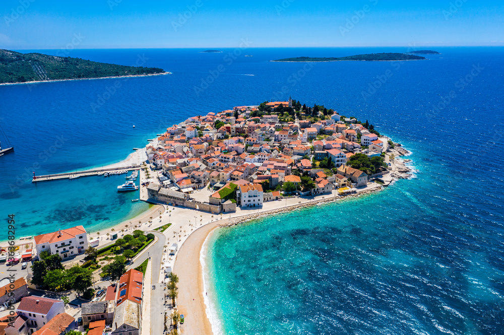 Aerial view of Primosten old town, amazing sunny landscape, Dalmatia, Croatia. Famous tourist resort on Adriatic sea coast.