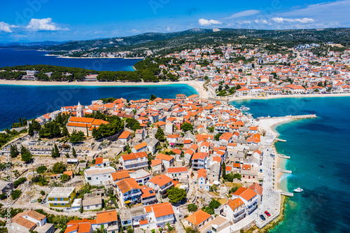 Aerial view of Primosten old town, amazing sunny landscape, Dalmatia, Croatia. Famous tourist resort on Adriatic sea coast. © Mislav