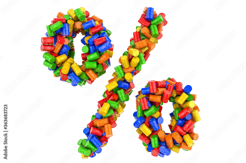 Percent symbol from colored steel barrels, 3D rendering Percent symbol from colored steel barrels, 3D rendering