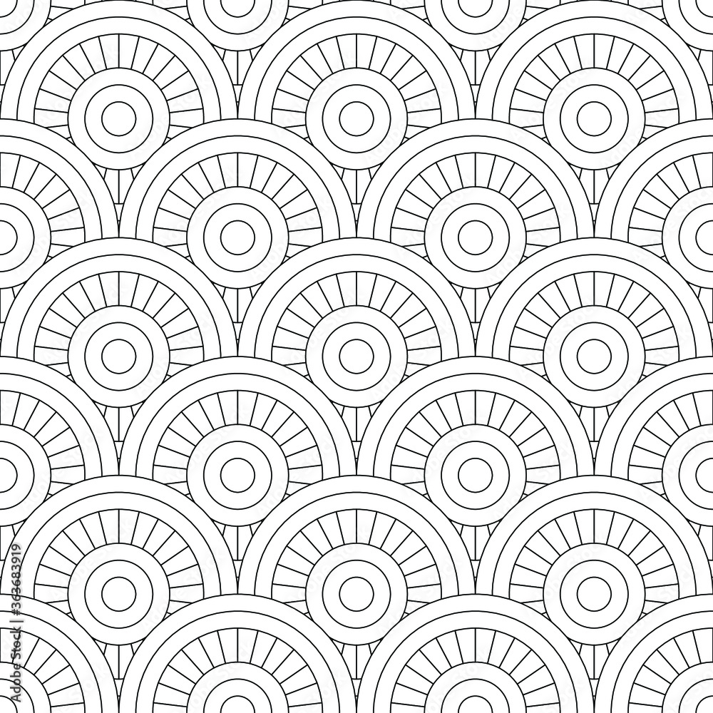 Obraz premium Coloring pages, seamless colouring book for adults. Black and white vector linear illustrations. Geometric background. Abstract pattern from circles. Easy to edit color and lines.