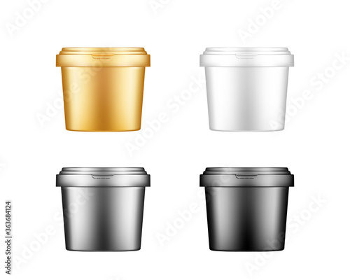 Ice cream, mayonnaise, yogurt or paint bucket with cap mockups. Plastic package design. Blank gold, silver, black and white food or decor product container template. 3d vector illustration