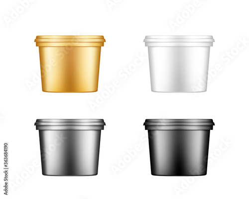 Wallpaper Mural Ice cream, yoghurt, mayo, paint or putty bucket with cap mockups. Plastic package design. Blank gold, silver, black and white food or decor product container template. 3d vector illustration Torontodigital.ca