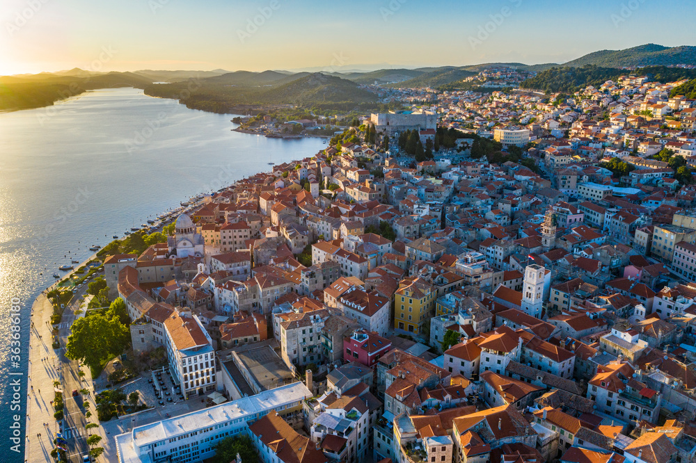 Aerial view of the city of Sibenik in the summer morning, Croatia