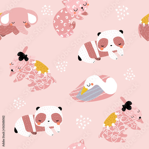 Seamless pattern with little sleeping animals. Cute childish print. Vector hand drawn illustration.