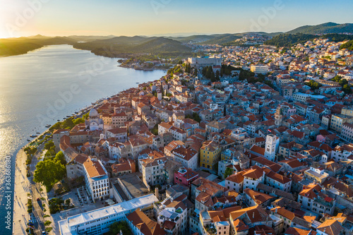 Aerial view of the city of Sibenik in the summer morning, Croatia