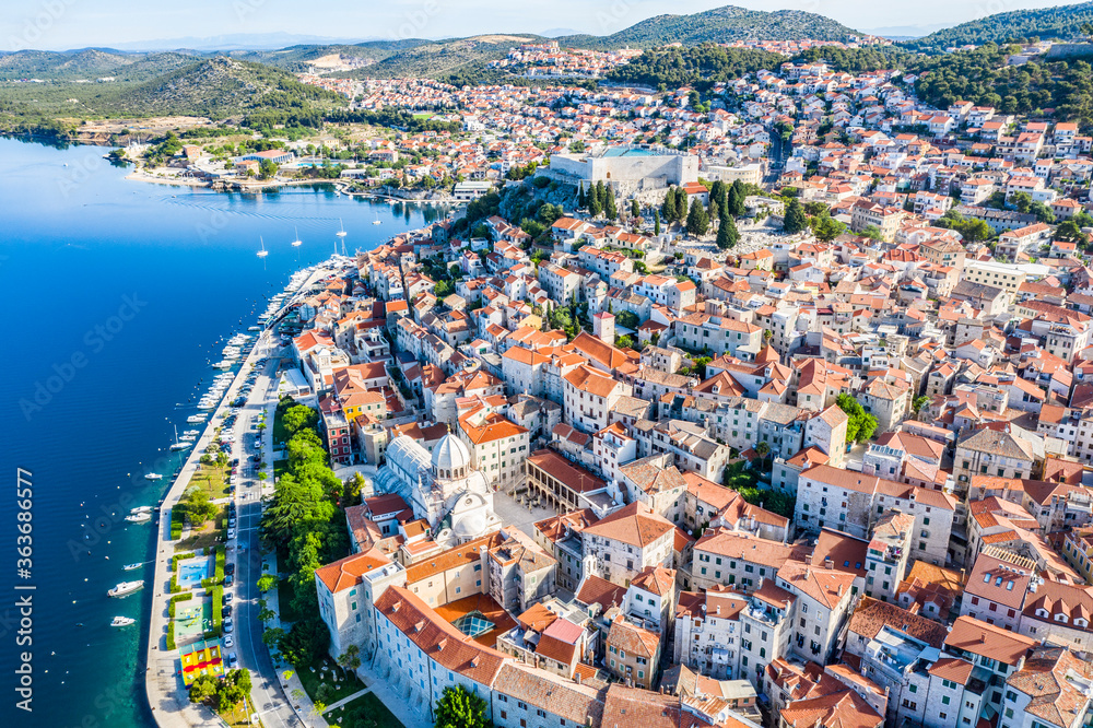 Aerial view of the city of Sibenik in the summer morning, Croatia