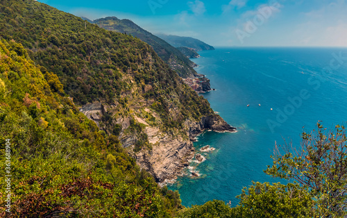 A view from the Monterosso to Vernazza path towards Vernazza in the summertime