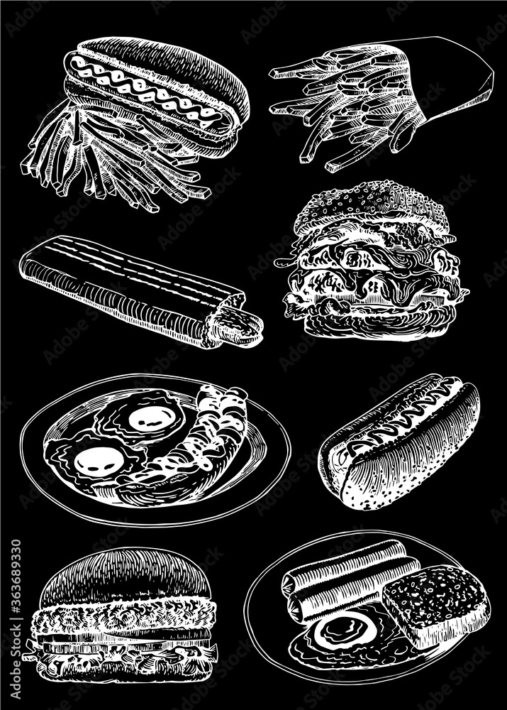 Vector fast food set isolated on black, graphical elements for menu,chalkboard design  